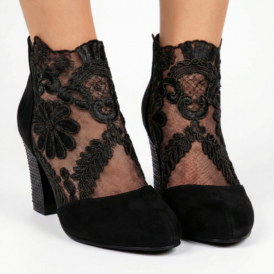 Luksusowe Koronkowe Botki na Obcasie z Haftem Kwiatowym | Eleganckie Damskie Buty