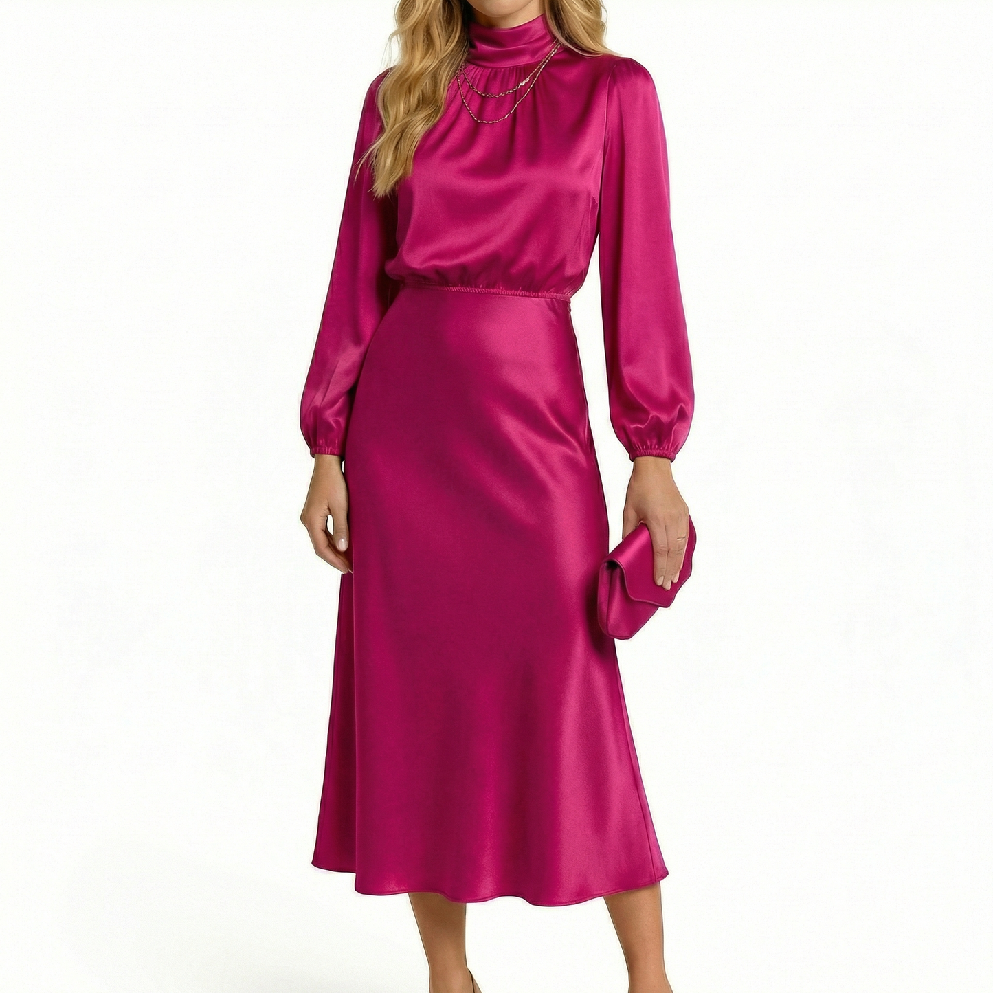 Luksusowa Satynowa Sukienka Midi z Wysokim Kołnierzem | Elegancka Sukienka Wieczorowa