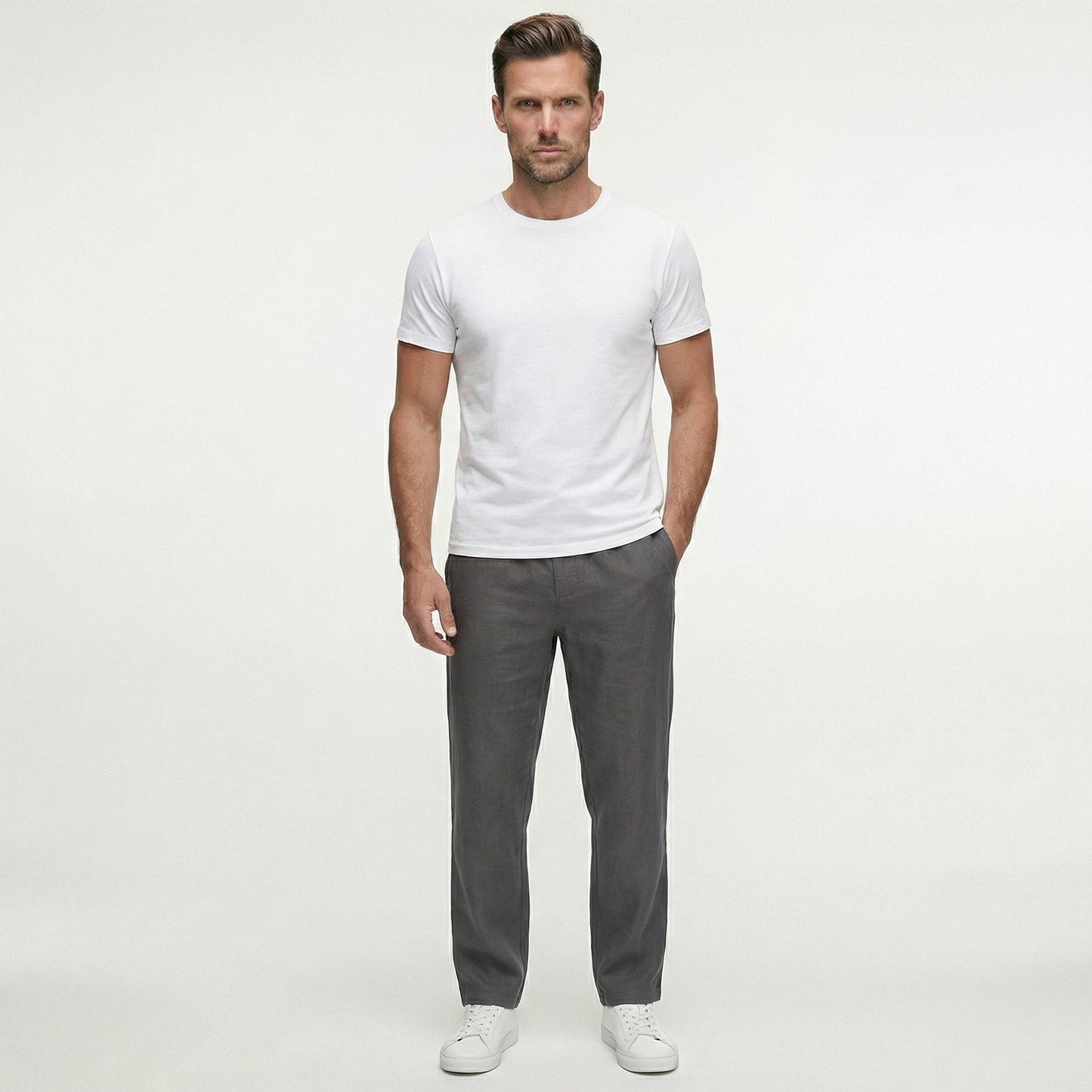 Męskie lniane spodnie ze sznurkiem | Lekkie spodnie na letni, swobodny styl