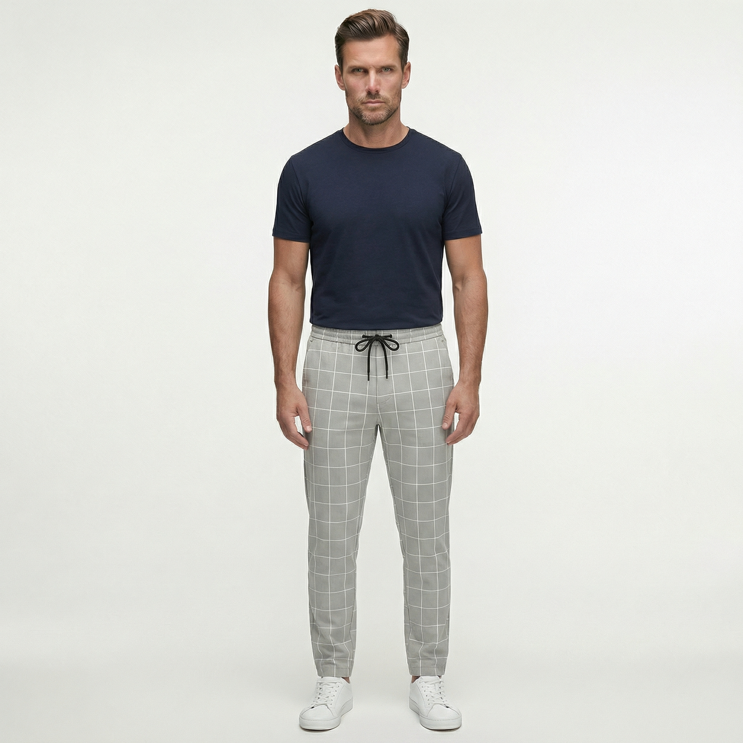 Męskie spodnie w kratę ze sznurkiem | Nowoczesne spodnie casual o dopasowanym kroju