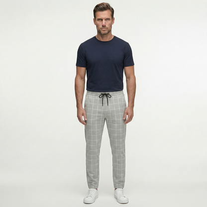 Męskie spodnie w kratę ze sznurkiem | Nowoczesne spodnie casual o dopasowanym kroju