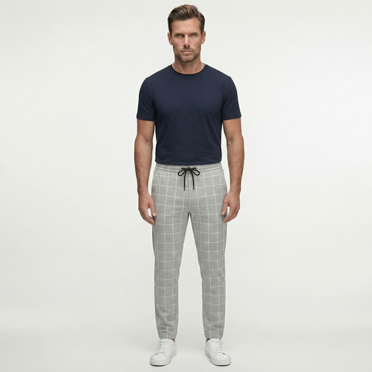 Męskie spodnie w kratę ze sznurkiem | Nowoczesne spodnie casual o dopasowanym kroju