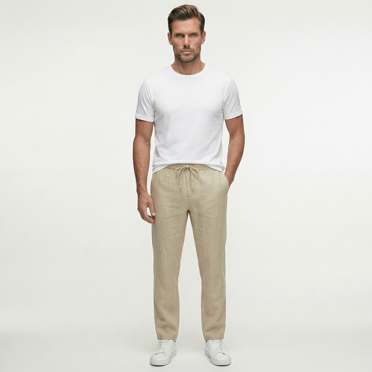 Męskie lniane spodnie ze sznurkiem | Lekkie spodnie na letni, swobodny styl