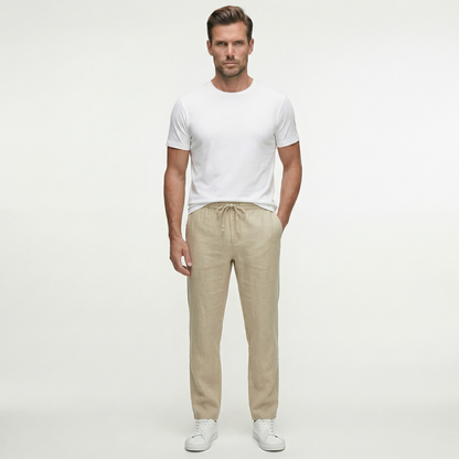 Męskie lniane spodnie ze sznurkiem | Lekkie spodnie na letni, swobodny styl