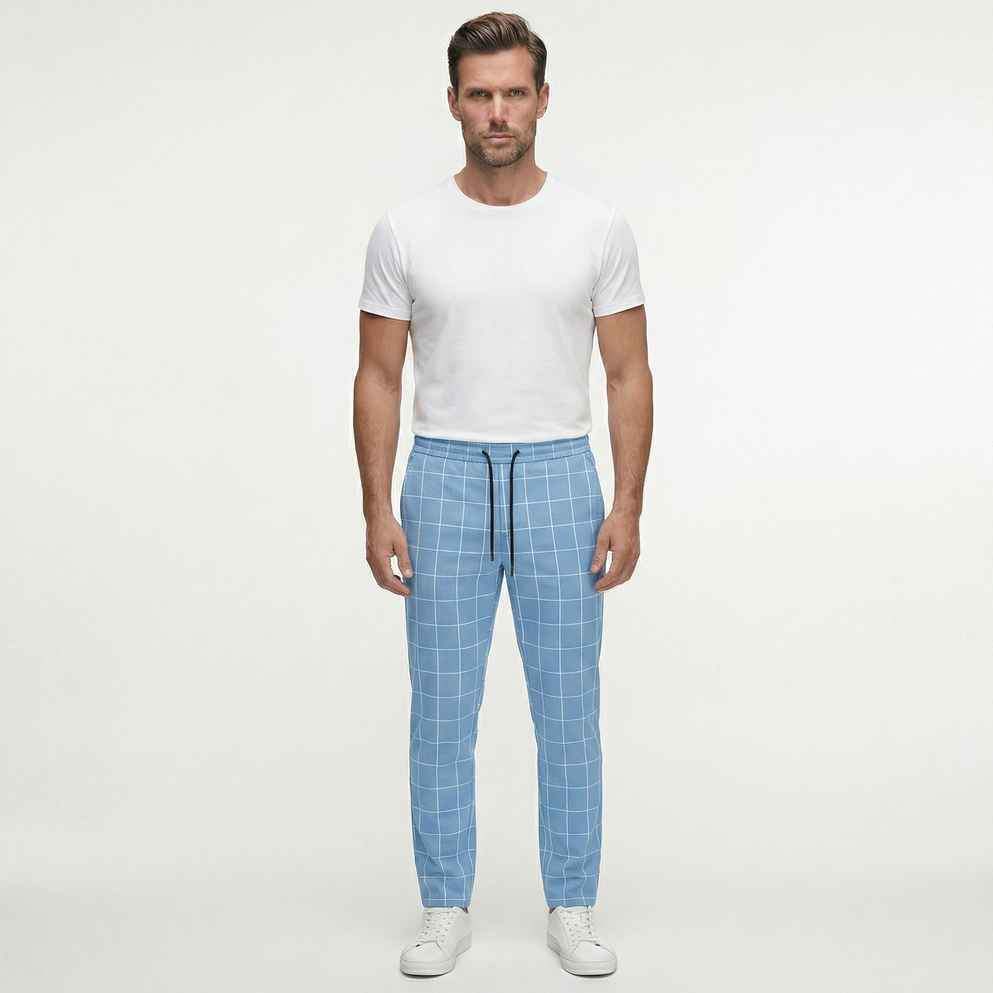 Męskie spodnie w kratę ze sznurkiem | Nowoczesne spodnie casual o dopasowanym kroju