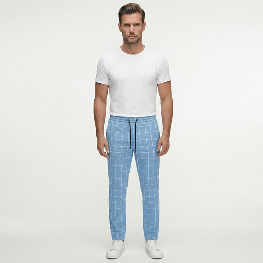 Męskie spodnie w kratę ze sznurkiem | Nowoczesne spodnie casual o dopasowanym kroju