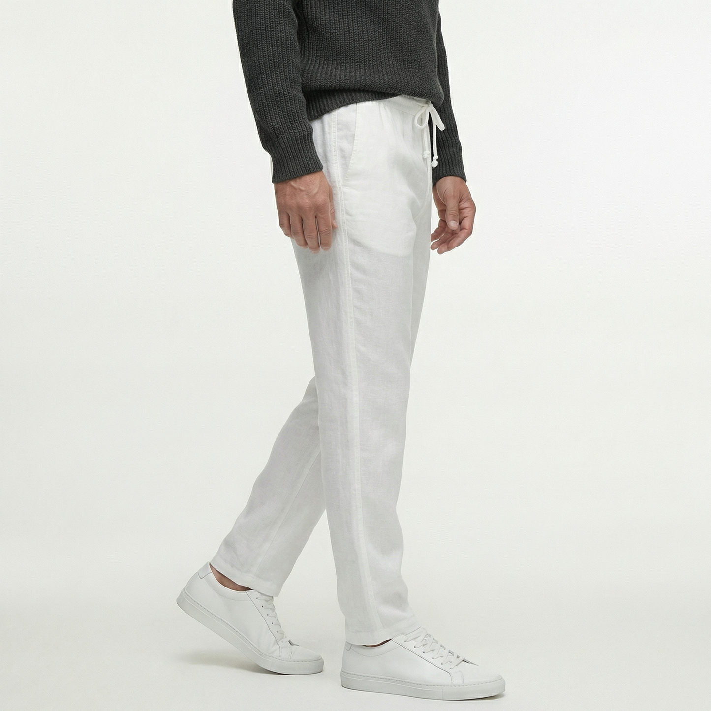 Męskie lniane spodnie ze sznurkiem | Lekkie spodnie na letni, swobodny styl