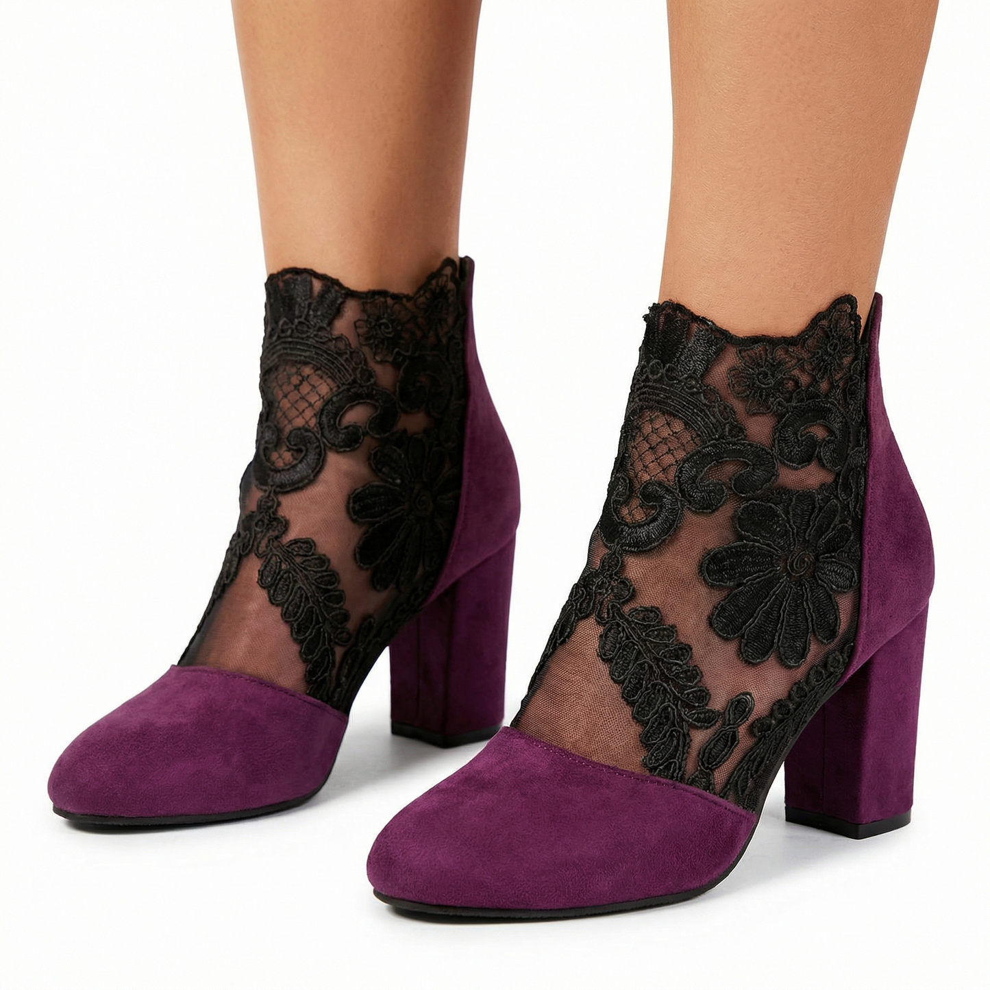 Luksusowe Koronkowe Botki na Obcasie z Haftem Kwiatowym | Eleganckie Damskie Buty