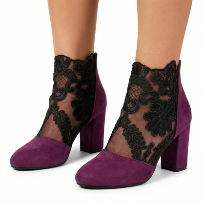 Luksusowe Koronkowe Botki na Obcasie z Haftem Kwiatowym | Eleganckie Damskie Buty