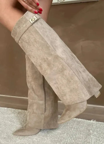 Wika - Eleganckie Kozaki Damskie za Kolano ze Skóry z Klamrą