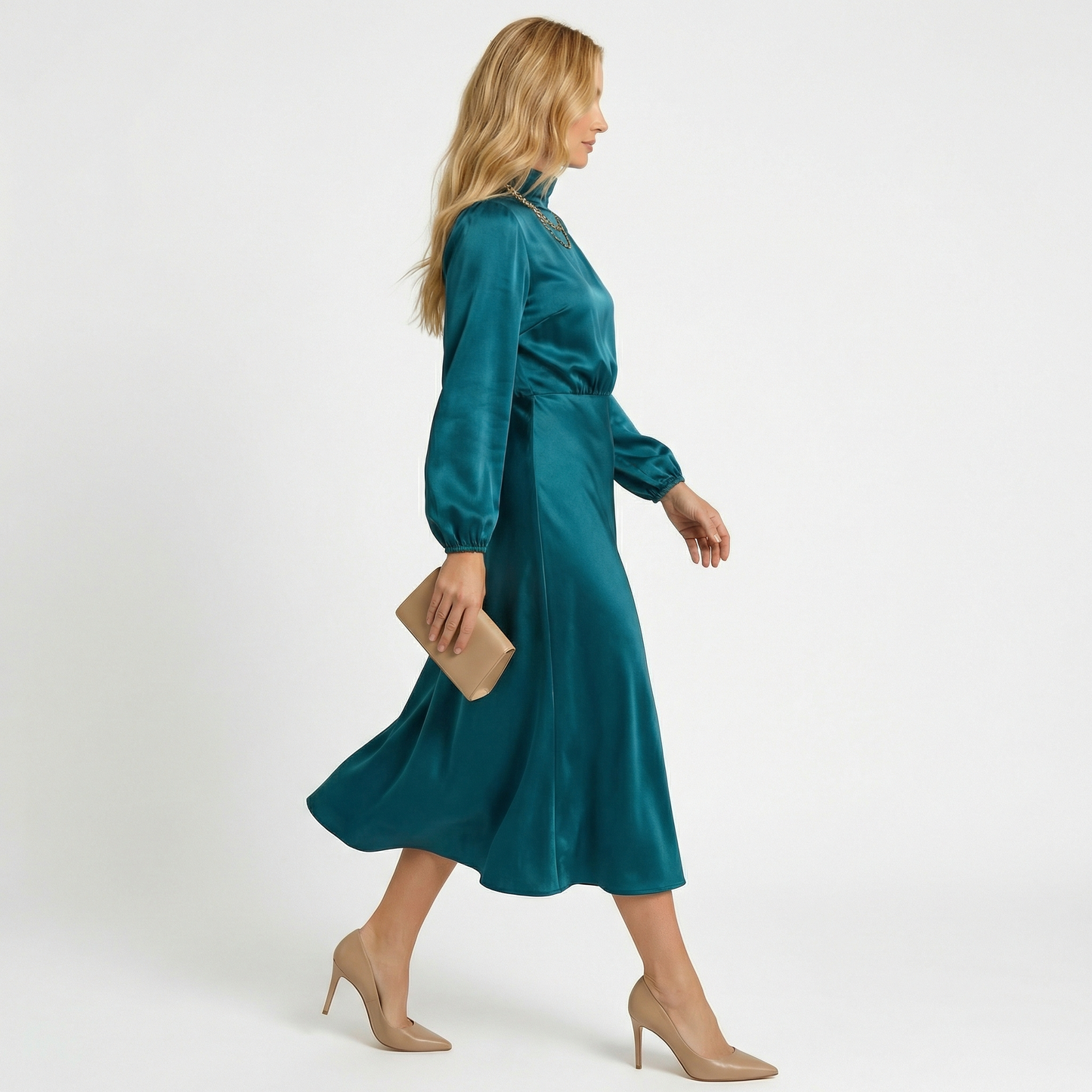 Luksusowa Satynowa Sukienka Midi z Wysokim Kołnierzem | Elegancka Sukienka Wieczorowa