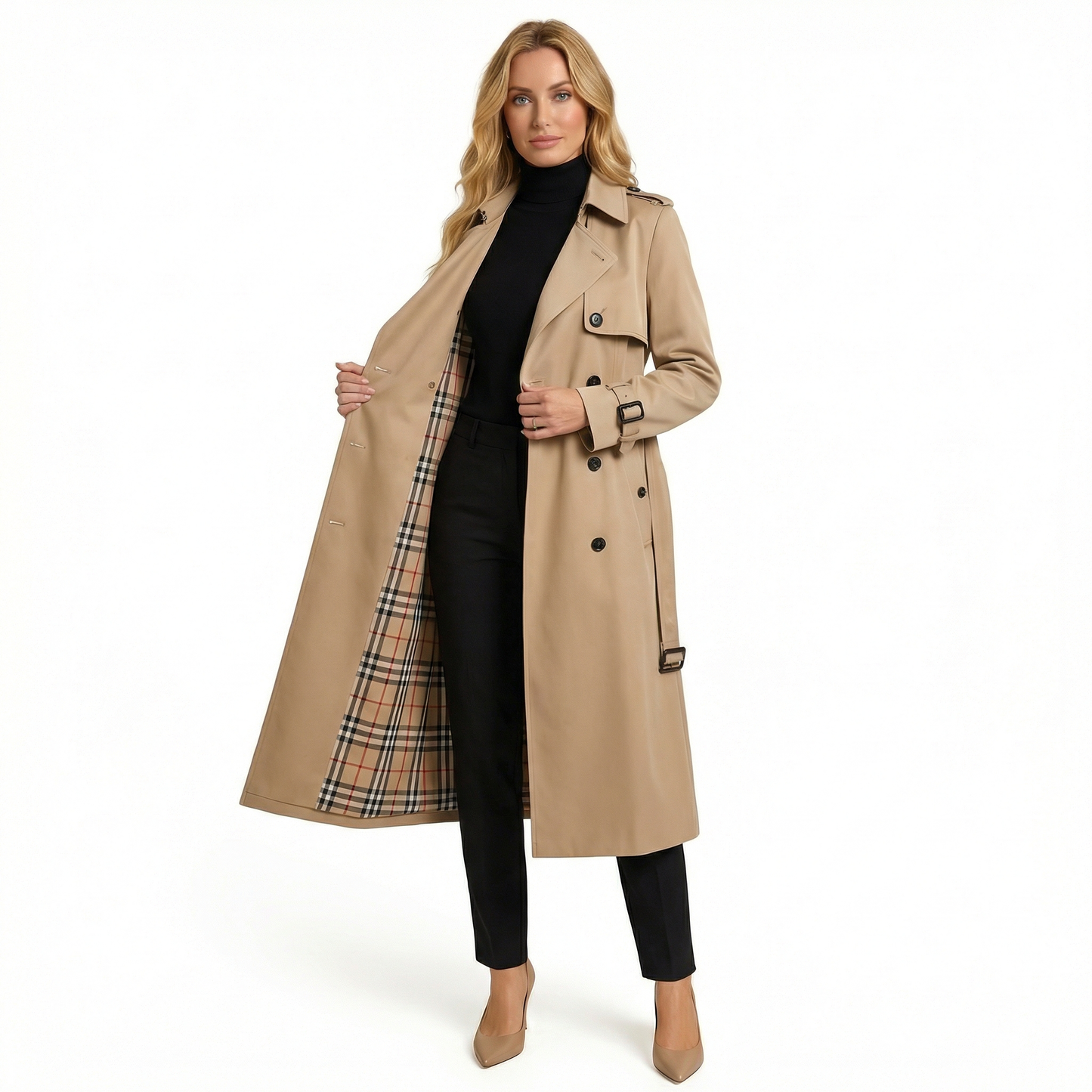 Luksusowy Dwurzędowy Trencz Damski z Paskiem | Elegancki Długi Płaszcz