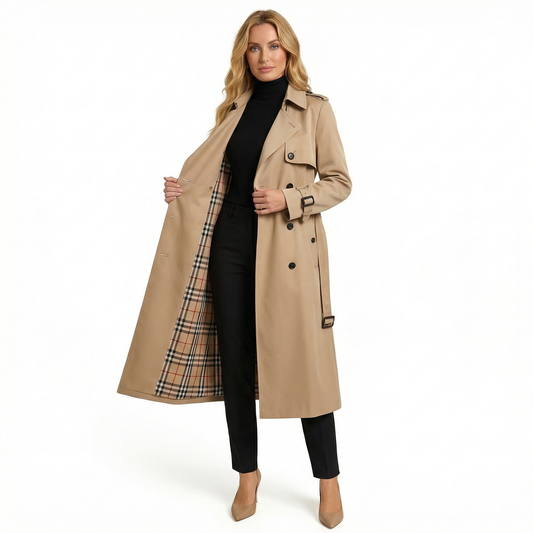 Luksusowy Dwurzędowy Trencz Damski z Paskiem | Elegancki Długi Płaszcz